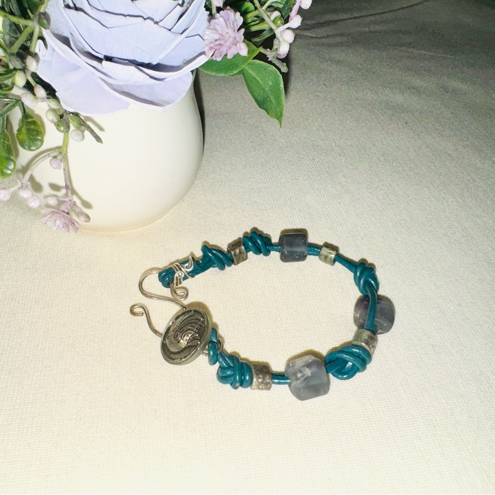 LEATHER Beaded Bracelet Bright Teal Cute Button Clasp—Handmade in Maine